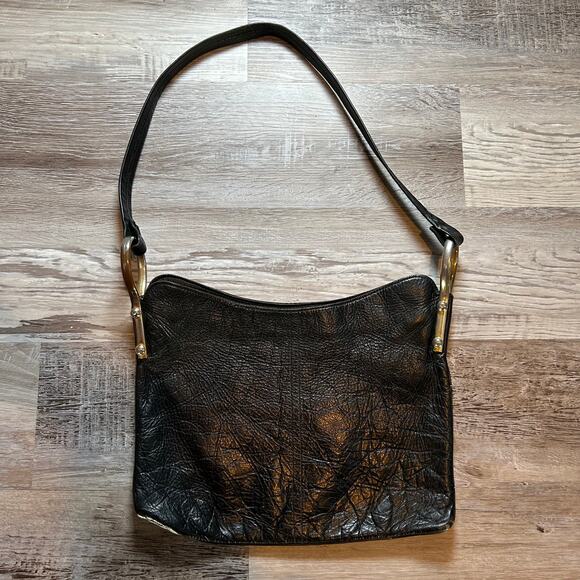 Vintage Black Leather Shoulder Bag w/ Chrome Ring Hardware Indie Sleaze 90s - Picture 2 of 8